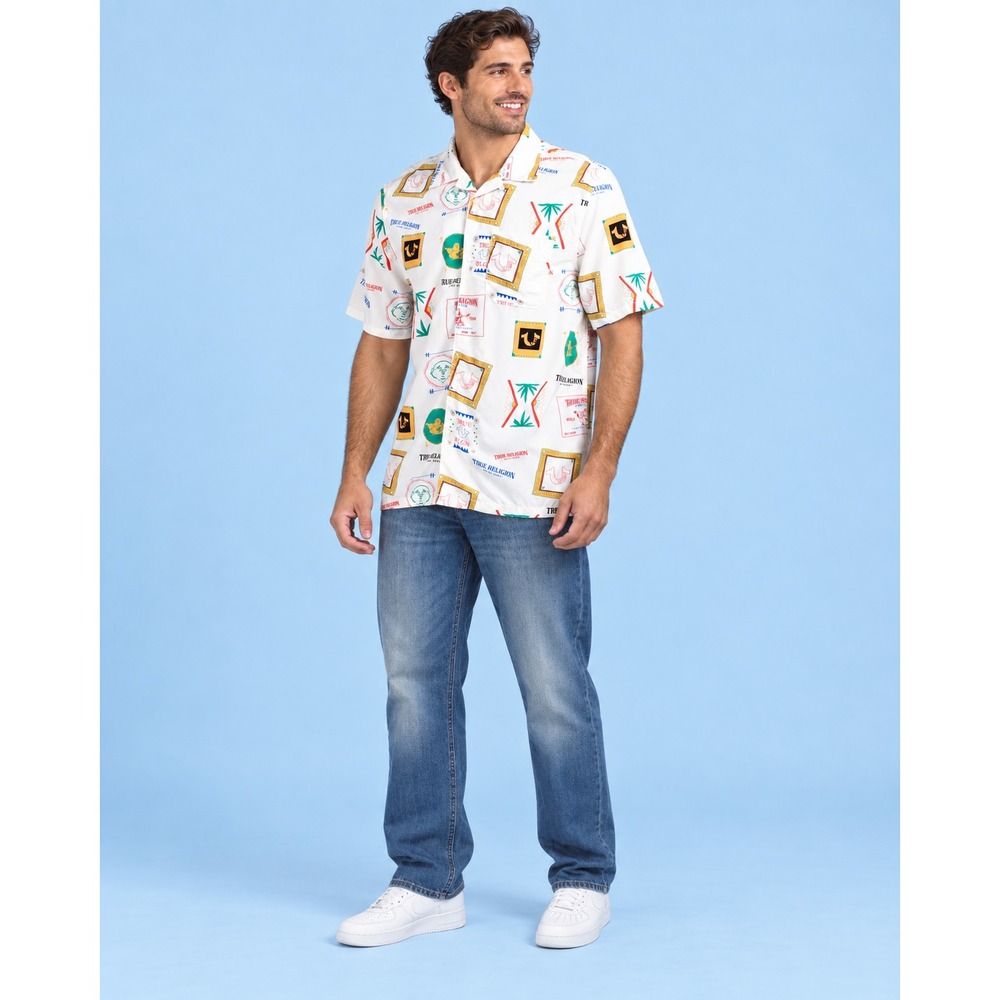 TRUE RELIGION Men LARGE New Button Up Shirt Logo Print Camp Collar Resort 700720